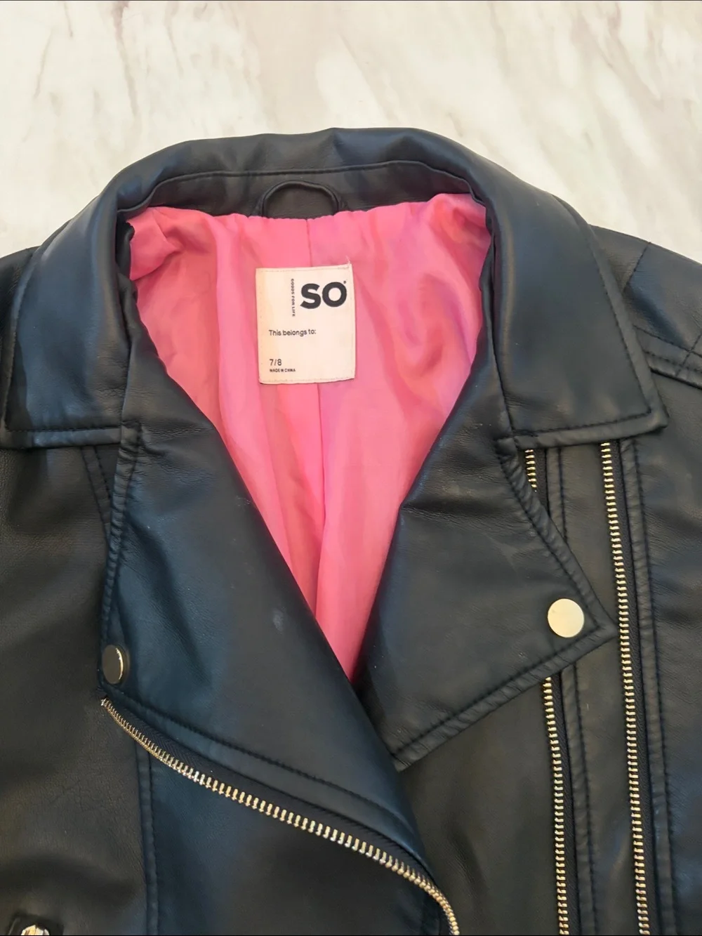 SO Black Faux Leather Biker Jacket with Pink Lining